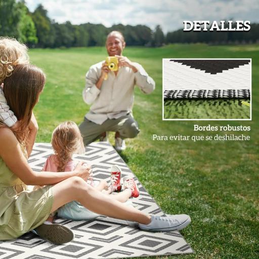 Alfombra de Exterior Reversible 182x274 cm con Patrón Geométrico Impermeable con Bolsa Blanco y Negro [8]