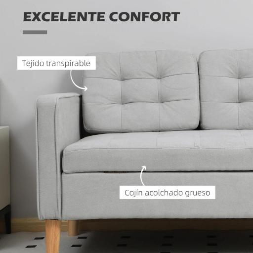 Sofá de 2 Plazas con Espacio de Almacenamiento Patas de Madera Respaldo Capitoné 117x62x78 cm Gris Claro [8]