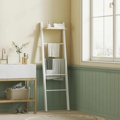 Toallero Escalera con Estante Superior y 4 Barras Toallero de Baño para Apoyar en Pared 43x20x151 cm Blanco y Roble