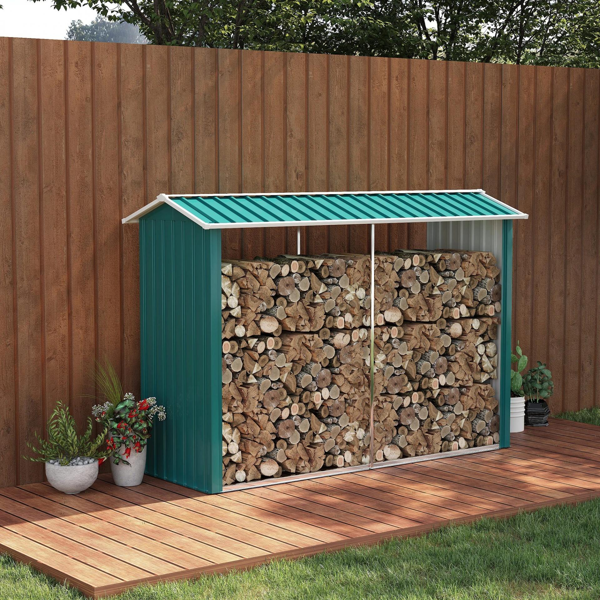 Casetilla para Leña de Acero Galvanizado Leñero Exterior Cobertizo de Almacenamiento de Troncos con Techo para Jardín Terraza 240x86x160 cm Verde