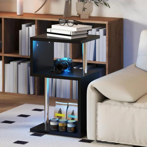 Mesa Auxiliar con Luz LED de 3 Niveles con Estantes y Estructura de Aluminio para Salón Dormitorio 44x38x75 cm Negro