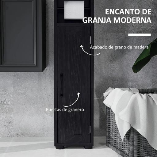 Columna de Baño con 2 Puertas Compartimento Abierto Estantes Ajustables y Portarrollos 20x20x185 cm Negro [5]