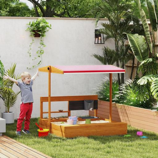 Arenero de Madera para Niños con Techo Regulable con Juguetes de Cocina Juego para Niños 3-7 Años 114x110x110 cm Marrón