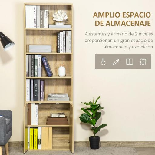 Estantería Librería Armario de Libros con 4 Compartimentos Abiertos y 2 Puertas para Salón Oficina 59x29x180 cm Natural [4]