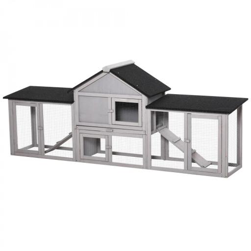 Conejera de Exterior Grande Jaula de Madera para 2-4 Conejos con Techo Asfáltico Recinto de Alambre Bandeja Extraíble y Rampas 210x45,5x84,5 cm Gris y Negro [8]