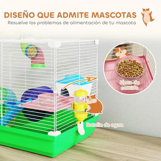 Jaula para Hámster con Túnel Cuenco Bebedero Casita Rampa Rueda de Ejercicio Bandeja Extraíble 46x30x37 cm Verde [6]