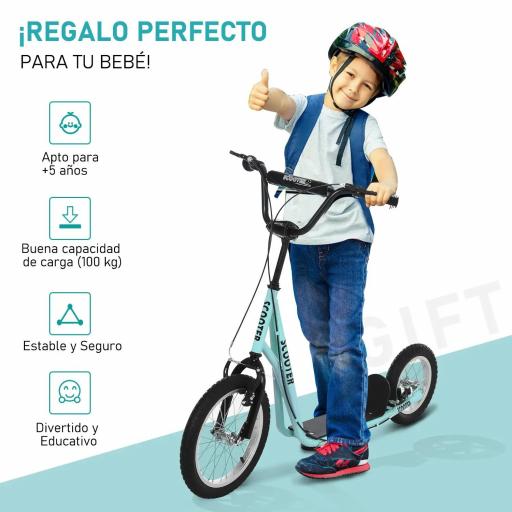 Scooter Patinete para Niños Mayores de 5 Años con 2 Neumáticos de Caucho Inflable con Doble Freno Manillar Ajustable en Altura Soporte 100 kg 135x58x88-94 cm Azul [4]