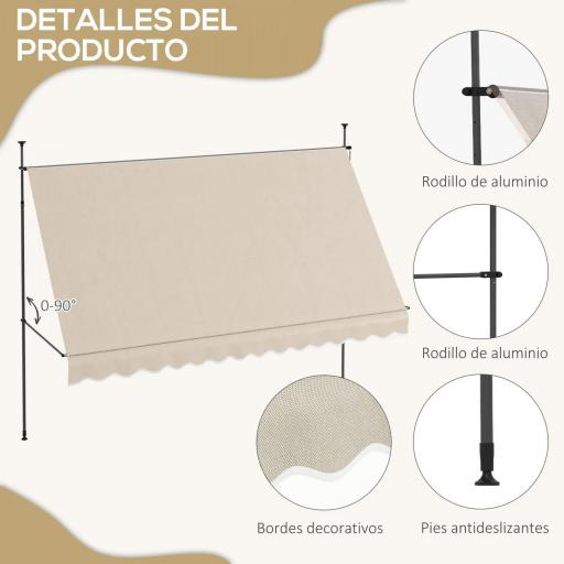 Toldo Manual Retráctil con Manivela 350x120x210-300 cm con Altura Ajustable Impermeable y Anti-UV Arena [5]