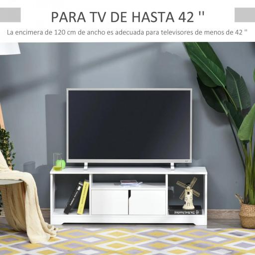 Mueble de TV para Televisor de hasta 42" Mesa para TV de Salón Moderna con Armario de Doble Puerta y 3 Compartimentos Abiertos 120x30x41cm Blanco [2]