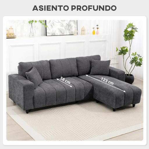 Sofá Chaise Longue Reversible de 3 Plazas 2 Almohadas Tapizado en Lino Marco de Acero 242x156x87 cm Gris Oscuro [8]