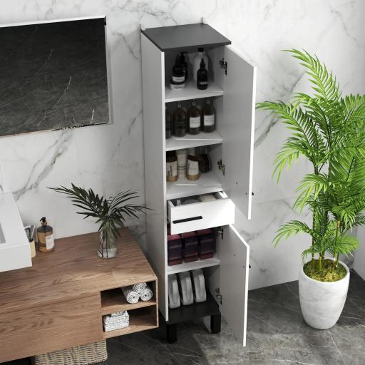 Armario Alto de Baño con Cajón 2 Puertas y Estantes Ajustable Mueble Auxiliar de Baño Anti-vuelco 34x32x170 cm Blanco  [2]