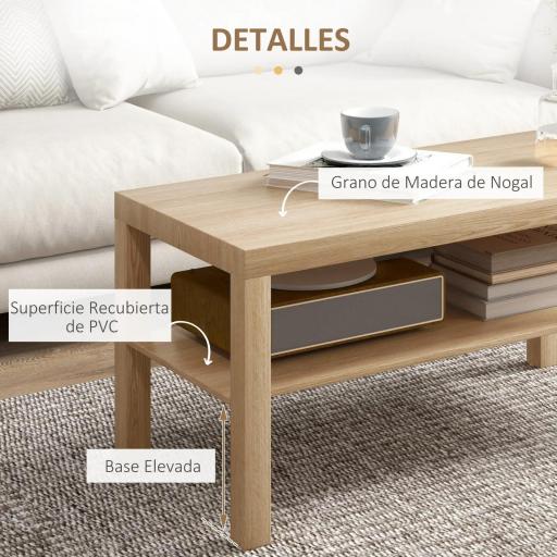 Mesa de Centro Moderna Mesa Baja con 2 Estantes de Almacenamiento Mesita para Salón Carga 20 kg 90x45x44,5 cm Natural [4]