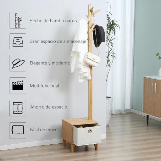 Perchero de Pie de Bambú Perchero con Banco Tipo de Árbol Cajón de Tela y 8 Ganchos para Colgar Ropa 35x35x177cm Natural [4]