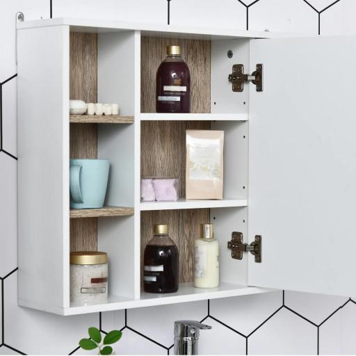 Armario Espejo con Espacio Interno con Estantes Ajustables Armario de Baño Montado en la Pared con Estantes Abiertos 60x14,5x49,4 cm Blanco y Roble [4]