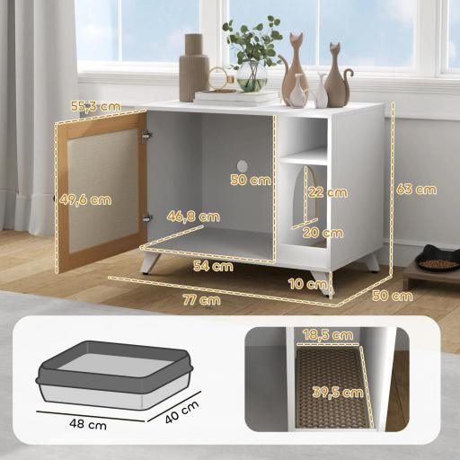 Mueble Arenero para Gatos con Puerta de Sisal Mesa Auxiliar Estante y Alfombrilla Antiarena 77x50x63 cm Blanco [1]