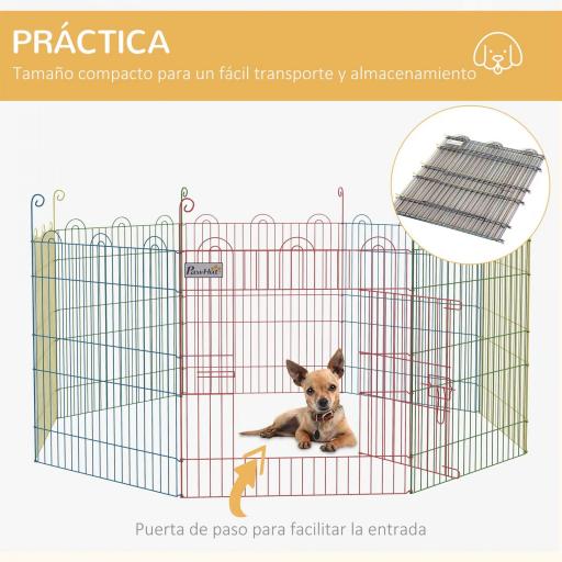 Parque Plegable para Perros de 8 Paneles Ø156x60 cm Valla Metálica con Puerta Estacas Interior Exterior Multicolor [3]