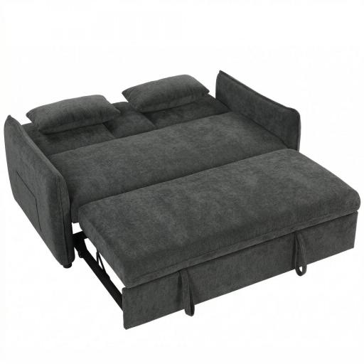 Sofá Cama 2 Plazas 3 en 1 con Mesa Auxiliar Portavasos Respaldo Ajustable Bolsillos Laterales 2 Almohadas Gris Oscuro [8]