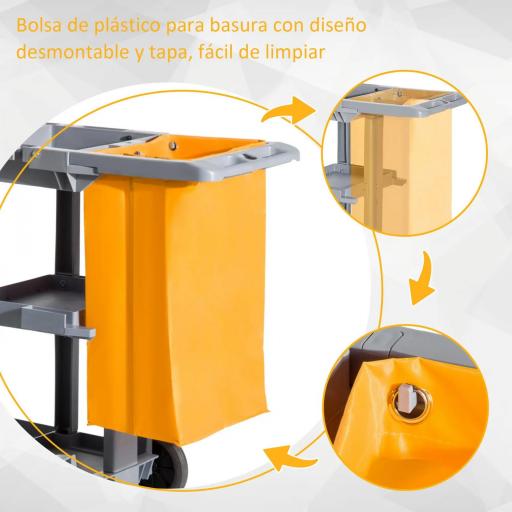 Carro de Limpieza con Bolsa 100L Profesional y Multifuncional para Colectividades Hotel Hostal con 3 Bandejas y 1 Plataforma 121x50,5x96,5 cm Gris y Amarillo [5]