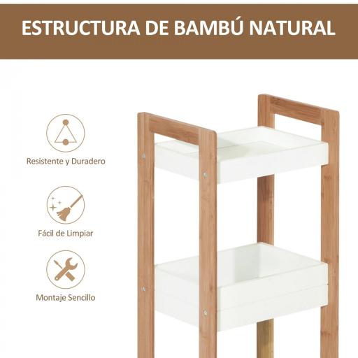 Estantería de Baño con 3 Estantes Organizador de Almacenaje Bambú para Cocina Sala de Estar Lavadero 27,5x20,8x74 cm Color Blanco y Natural [6]