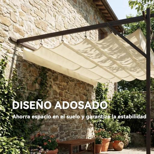 Pérgola de Pared de Jardín 3x3 m con Techo Retráctil Protección UPF30+ Drenaje Cenador de Jardín para Exterior Crema [4]