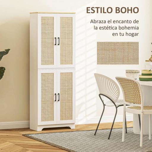 Alacena de Cocina con Estantes Ajustables Puertas de Ratán y Sistema Anti-vuelco 60x30x170 cm Blanco [4]