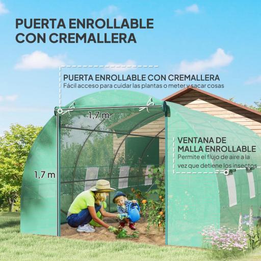 Invernadero de Túnel 600x300x200 cm Invernadero de Jardín con Puerta Enrollable 8 Ventanas Cubierta PE 140g/m² y Tubo de Acero para Cultivos Plantas Verduras Verde [2]