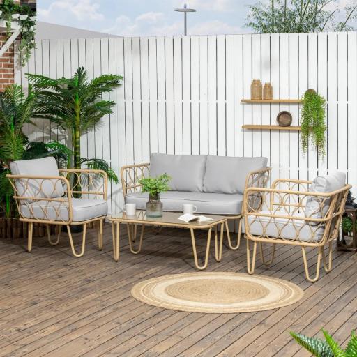Conjunto de Jardín de Ratán Sintético con Sofá Doble 2 Sillones y Mesa de Centro con Encimera de Cristal y Cojines