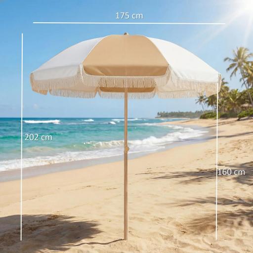 Sombrilla de Playa con Flecos Ø175 cm Sombrilla de Terraza Exterior con Altura Ajustable Inclinación 30° Blanco y Beige [1]