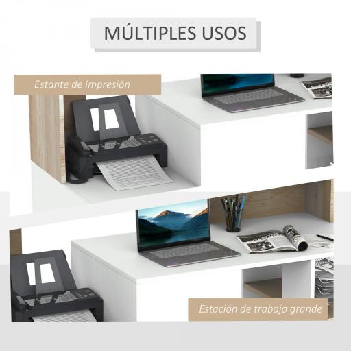Mesa de Ordenador PC 137x55x92 cm Escritorio con Estantería de 3 Estantes 2 Cajones y Soporte para Impresora para Oficina Estudio Despacho Blanco y Roble [3]