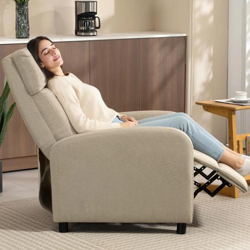 Sillón Relax Reclinable Manual hasta 155º Apertura Push con Reposapiés Respaldo Alto Acolchado Grueso Beige [7]