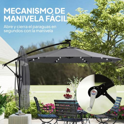 Parasol Excéntrico con Luces LED Solares 330x295 cm Sombrilla con Base Cruzada Manivela Funda Protectora Gris Oscuro [3]