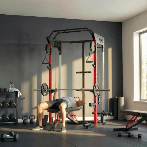 Jaula de Potencia Smith Machine, Rack para Sentadillas con Sistema Polea Ajustable Barra Dominadas y Estación de Fondos [5]