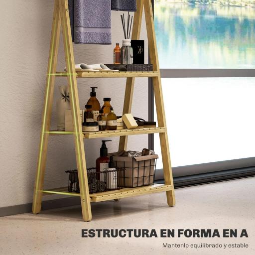 Estantería de Baño de Bambú Plegable con 3 Estantes con Barras Estantería de Madera en Forma de A 53,5x30x53 cm Natural [8]