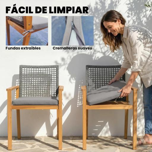 Juego de 2 Sillas de Jardín Exterior de Madera Apilables con Cojines Desmontables Brazos Respaldo 59x55x86 cm Natural [4]
