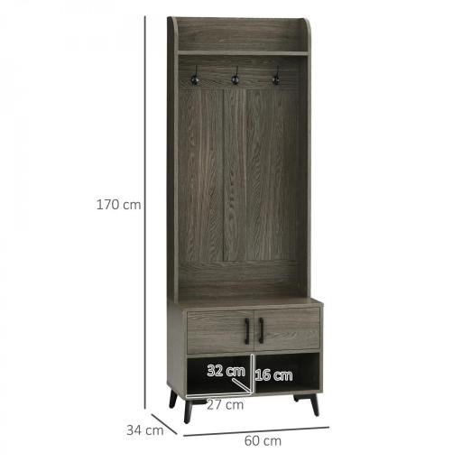 Perchero con Zapatero Perchero Entrada Recibidor con 3 Ganchos 2 Puertas 2 Compartimientos y Estante 60x34x170 cm Gris [1]