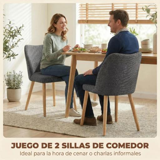 Pack de 2 Sillas de Cocina Nórdicas Tapizadas de Lino Respaldo Curvo Asiento Acolchado Patas de Madera Gris Claro [5]