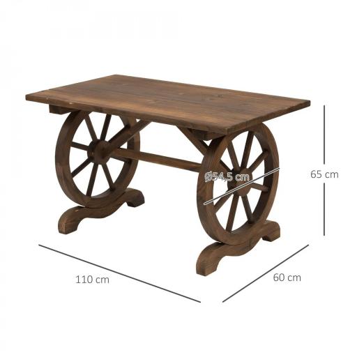 Mesa de Jardín de Madera de Abeto con Patas en Forma de Rueda para Exterior e Interior 110x60x65 cm Acabado Carbonizado [1]