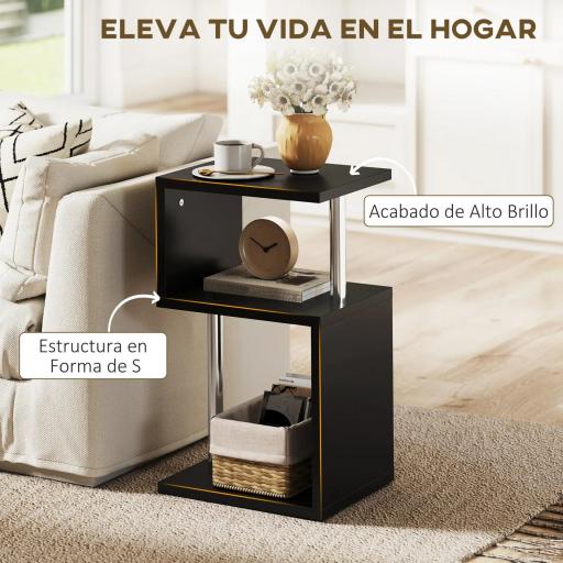 Mesa Auxiliar con Luz LED de 3 Niveles con Estantes y Estructura de Aluminio para Salón Dormitorio 44x38x75 cm Negro [2]