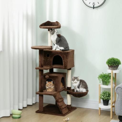 Árbol Rascador para Gatos 140 cm con Plataformas Cama 2 Cuevas Hamaca Escalera Postes de Sisal Marrón