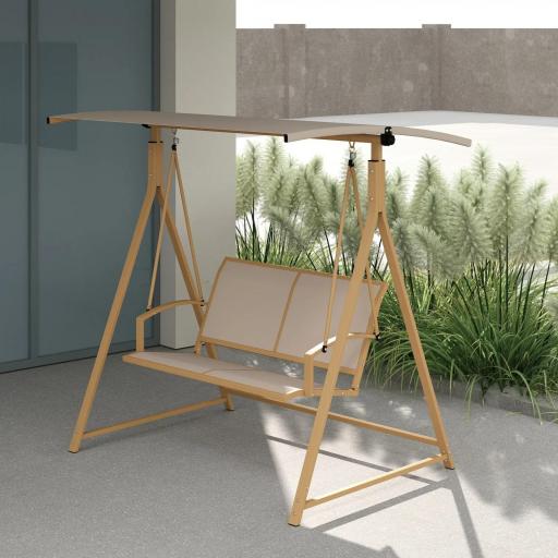 Columpio de Jardín de 2 Plazas con Toldo Ajustable y Estructura Triangular de Metal Carga 220 kg 160x112x162 cm Caqui [3]