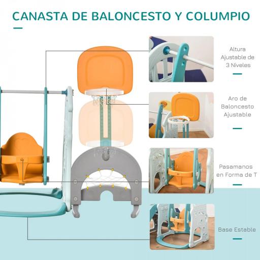  5 en 1 Tobogán y Columpio para Niños +18 Meses con 2 Canastas de Baloncesto Portería Fútbol con Asiento Ajustable Parque Infantil Interior y Exterior 210x186x133 cm Multicolor [5]