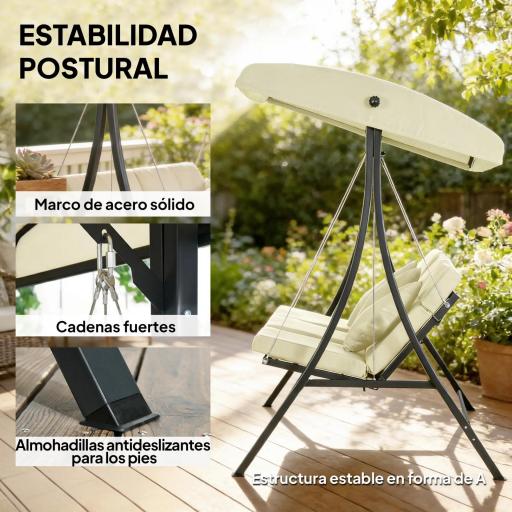 Balancín de Jardín Exterior Columpio de 3 Plazas con Toldo Ajustable y Marco de Acero 202x115x168 cm Beige [5]