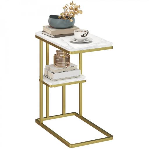 Mesa Auxiliar Estructura en C Estrecha con Estante Mesita de Noche Moderna 50x30x57,5 cm Blanco Efecto Mármol [8]