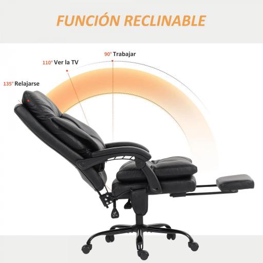 Silla de Escritorio con Soporte Lumbar Inflable Tapizada en PU Reposapiés Respaldo Reclinable Altura Ajustable Negro [5]