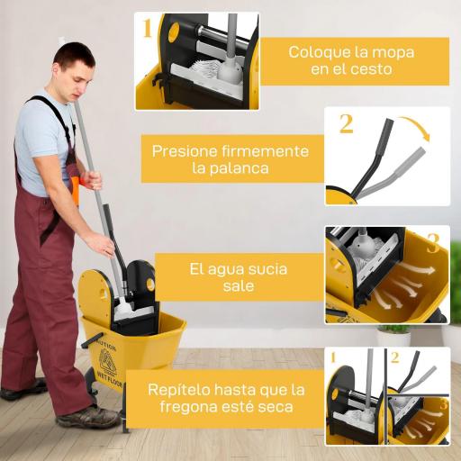 Cubo de Fregona con Ruedas y Escurridor Desmontable de Prensa Capacidad 26L Incluye Fregona y Asa Amarillo [4]