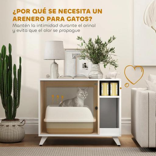 Mueble Arenero para Gatos con Puerta de Sisal Mesa Auxiliar Estante y Alfombrilla Antiarena 77x50x63 cm Blanco [5]