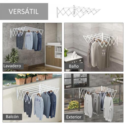 Tendedero de Pared Extensible de 63,5 cm Tendedero de Ropa de Metal con 5 Barras para Interior y Exterior Baño Balcón Carga 10 kg 63,5x60x20 cm Blanco [3]