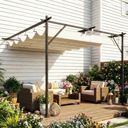 Pérgola de Pared de Jardín 3x3 m con Techo Retráctil Protección UPF30+ Drenaje Cenador de Jardín para Exterior Crema [7]