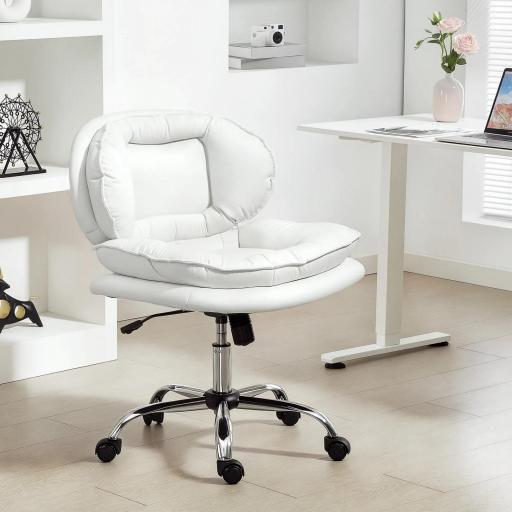 Silla de Oficina Piernas Cruzadas con Asiento Ancho Ruedas Altura Ajustable Doble Acolchado Función Basculante Blanco