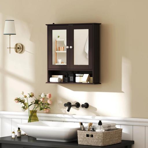 Armario de Baño con Espejo Armario de Pared con 2 Puertas Estante Abierto Estante Ajustable 56x13x58cm Marrón Oscuro